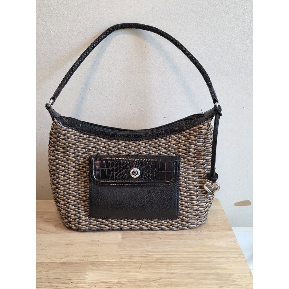 Brighton Edna Brown Braided Leather Woven Straw Shoulder Bag Logo Beach Picnic